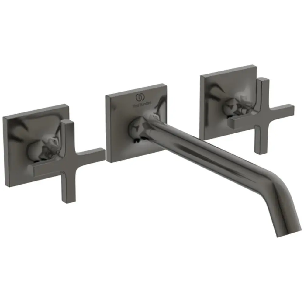 Moderne, magnetgraue Wand-Waschtischarmatur "Ideal Standard Joy Neo" mit Kreuzgriffen und Auslauf von 209 mm.
